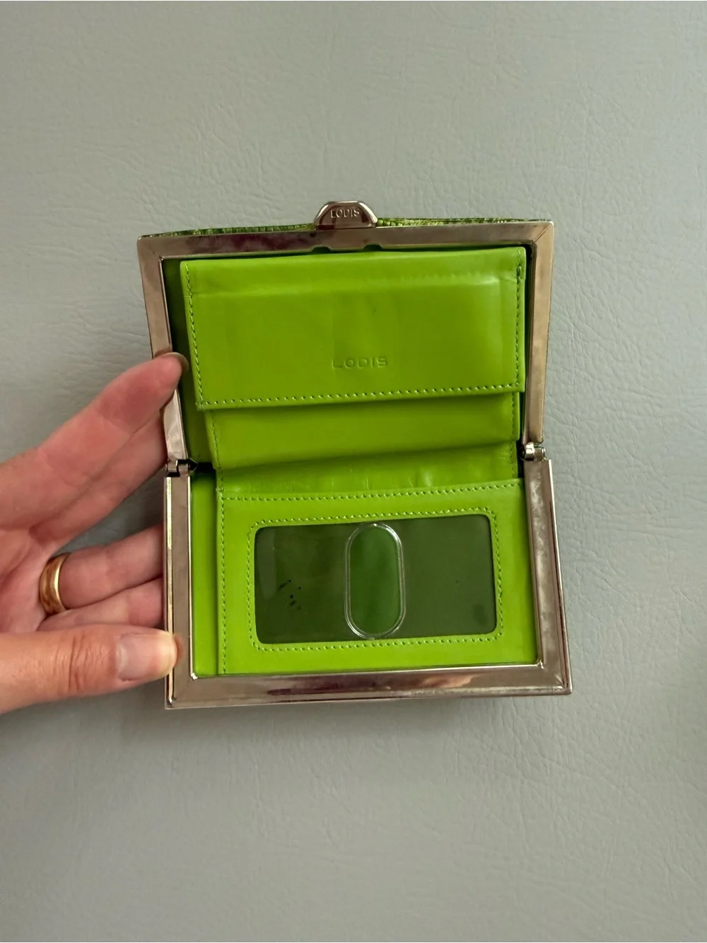 Lodis Green Metallic Crocodile Embossed Frame Clutch Mini Wallet